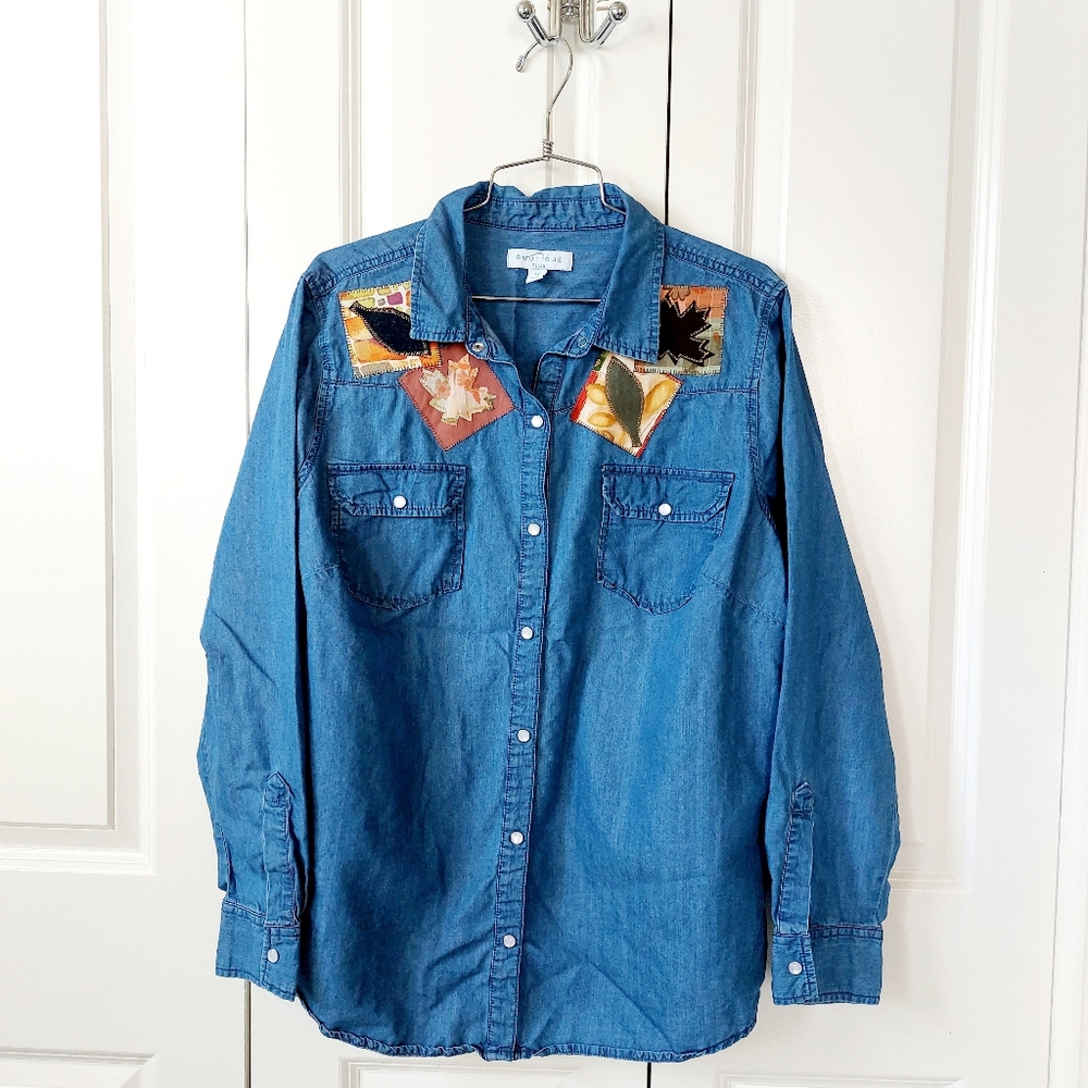 Autumn Leaf Patchwork Chambray Denim Western Snap Shirt‎ 0X Boutique Plus